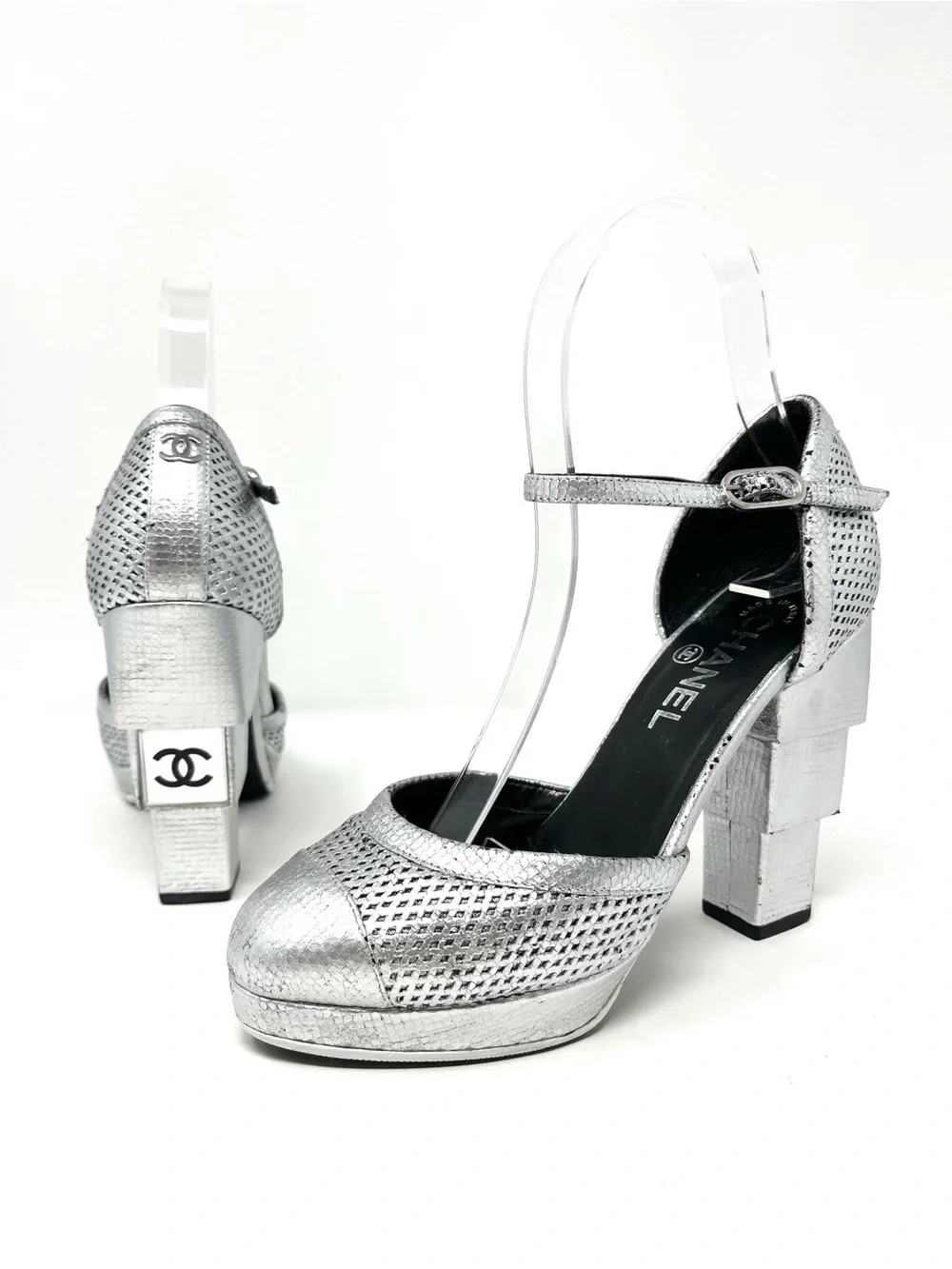 Vintage Chanel Silver Leather CC Logo Cap Toe Platform High Heels Pumps 36.5